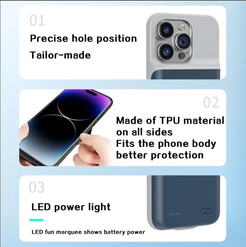 Tentfy Wireless Power Bank Case – Soft Edge Back Clip Battery for iPhone 16/15/14 Pro Max with Large Capacity Charging