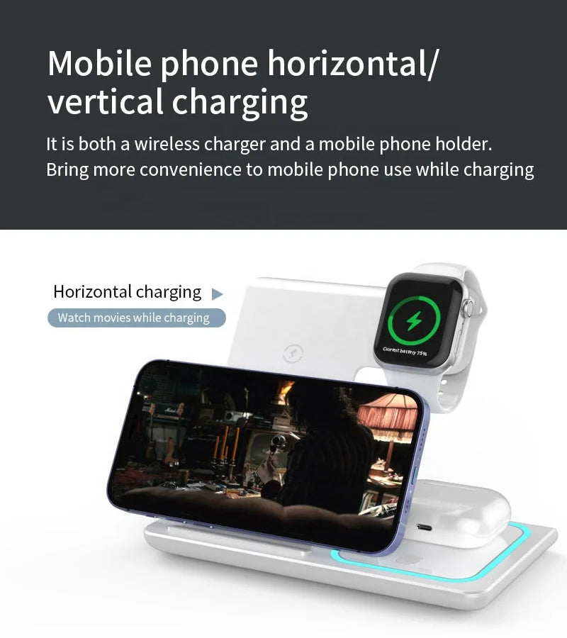 Tentfy 3-in-1 Wireless Charging Dock – Foldable 15W Fast Charger for Smartwatch, Phone & Earbuds with USB-C Port