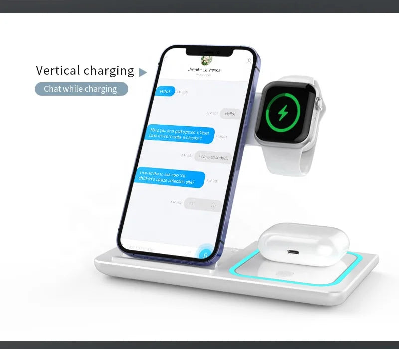 Tentfy 3-in-1 Wireless Charging Dock – Foldable 15W Fast Charger for Smartwatch, Phone & Earbuds with USB-C Port